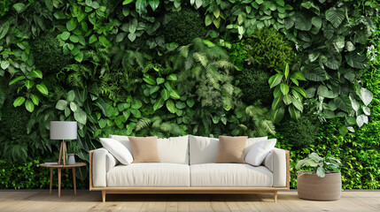 a living room interior with white couch and wooden furniture in Urban jungle style