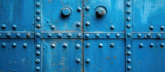 Fototapeta premium This image shows a close-up view of a blue sheet metal door with numerous rivets. The rivets are visible, adding a rugged and industrial aesthetic to the door.