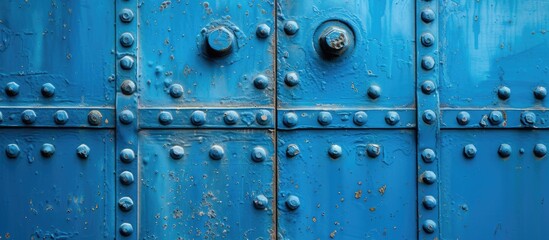 This image shows a close-up view of a blue sheet metal door with numerous rivets. The rivets are visible, adding a rugged and industrial aesthetic to the door.