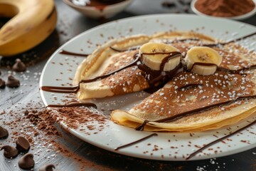 White plate with delicious crepes filled with chocolate cream and banana a perfect breakfast or snack close up
