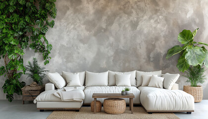 a living room interior with white couch and wooden furniture in Urban jungle style