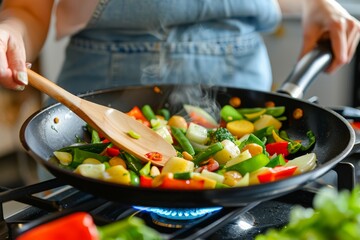 Woman cooking vegetables in wok on gas stove in kitchen