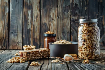 Foto op Canvas Wooden table with jar protein shake bottle and muesli bars representing sports nutrition and fitness diet concept © VolumeThings