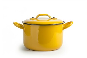 Yellow enamel cooking pot isolated on white seen from the front