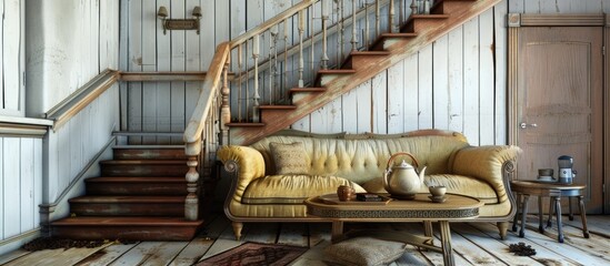 A warm and inviting living room filled with vintage furniture, including a cozy sofa and a teapot on a textured table. A retro staircase leads to the upper level, contrasting with the white walls.