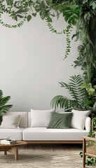 a living room interior with white couch and wooden furniture in Urban jungle style