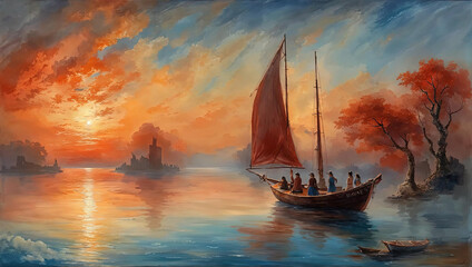 sailboat at sunset - obrazy, fototapety, plakaty