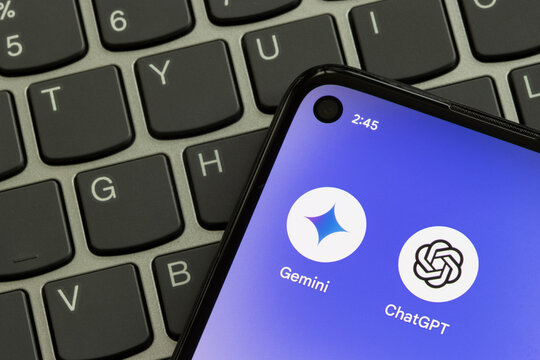 Portland, OR, USA - Feb 8, 2024: Gemini and ChatGPT app icons are seen on a Google Pixel smartphone. AI competition and Google's Gemini vs OpenAI's ChatGPT concepts.