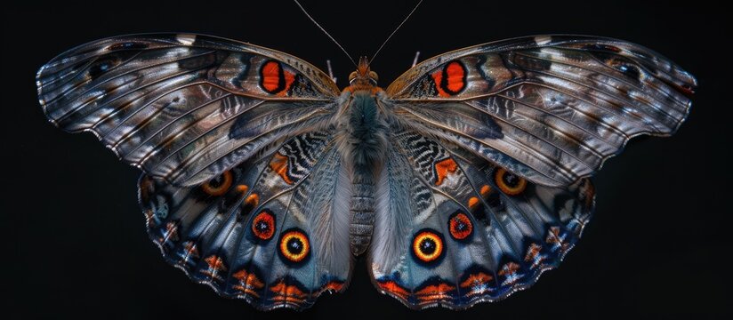This close-up shot showcases a Grey Pansy Butterfly, scientifically known as Junonia Atlites, with detailed focus on its wings, patterns, and colors against a dark black backdrop.