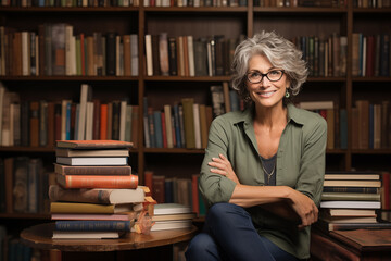 Portrait of a beautiful mature woman sitting on a table in a library