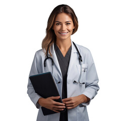 Portrait of a smiling female doctor, front view, isolated on white background