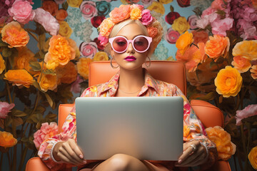 Beautiful young woman with laptop sitting in armchair. Retro style. Social media influencer