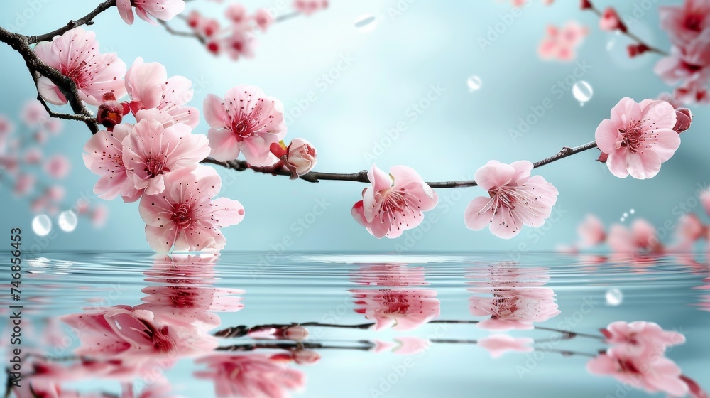 Poster tranquil spring background pastel ponds reflect spring blooms with soft ripples creating movement.