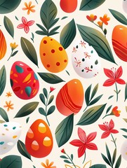 Colorful Easter Card Template: Eggs, Leaves, and Flowers Illustration