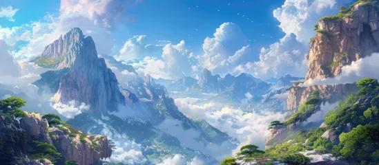  A vibrant painting capturing a summer landscape with majestic mountains, towering cliffs, and billowing clouds against a blue sky. The scene evokes a sense of grandeur and expansiveness. © 2rogan
