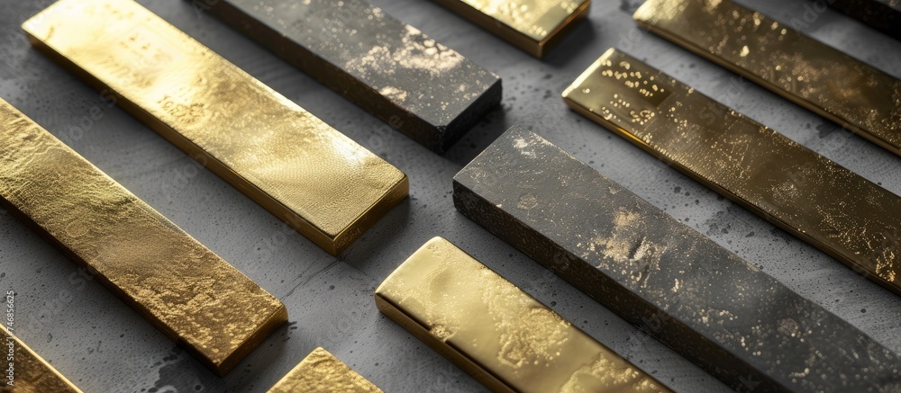 Poster a cluster of gold bars of varying weights are stacked on top of each other neatly on a gray surface.