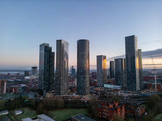Fototapeta na wymiar Aerial of Deansgate Square Manchester UK in the blue zone just before sunrise.Deansgate Square 