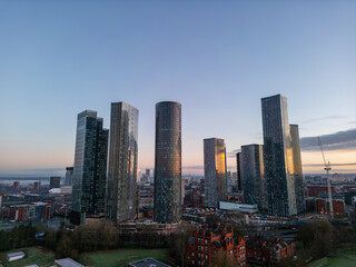 Aerial of Deansgate Square Manchester UK in the blue zone just before sunrise.Deansgate Square 
