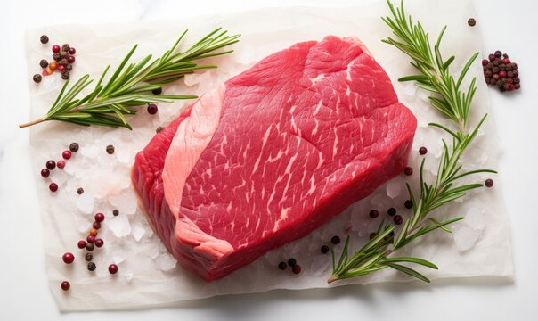 a piece of fresh wagyu beef, smooth white background, top view, 