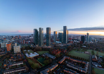 Aerial of Deansgate Square Manchester UK in the blue zone just before sunrise.Deansgate Square 