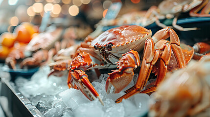 Fresh sea food display at street market, fish, crabs are lying at ice, fresh and shiny