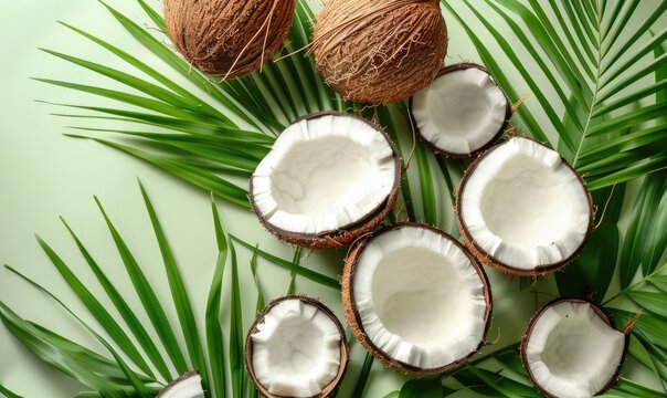 coconut fruits and leaves, tropical, summer and exotic background