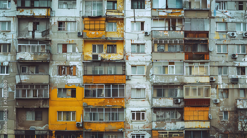 Wall mural Poor concrete blocks of hi raising residential apartments in west Europe,  property market concept