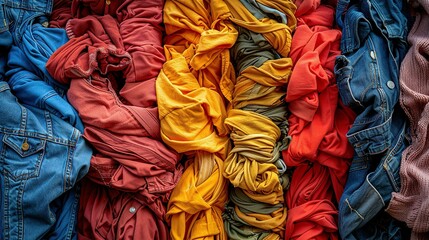 Piles of old clothes for recycle, environmental concept  