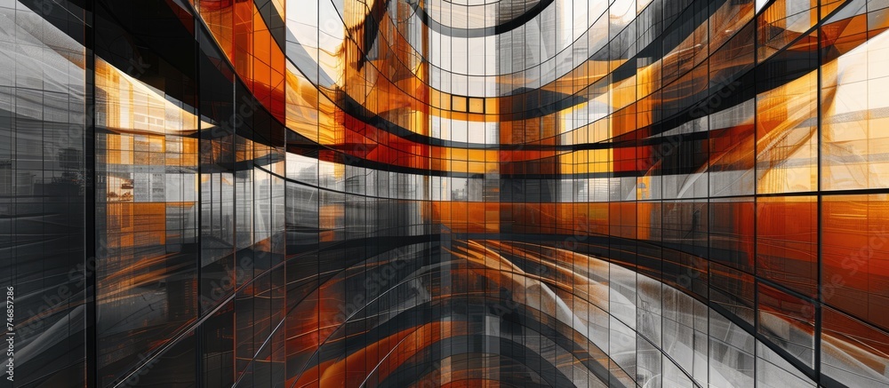 Poster a vibrant abstract painting featuring bold orange and black lines intersecting and overlapping on a 