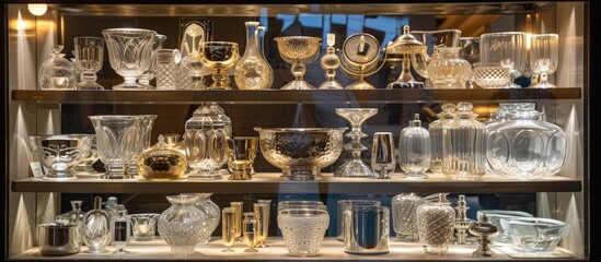 A display case in a shop is filled with a variety of glass vases, showcasing different sizes, colors, and designs. The vases are neatly arranged and illuminated, catching the light and creating a