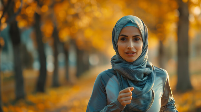 Inclusive image of a happy hijabi woman jogging in the park to keep fit and healthy. Muslim woman exercising for mental wellness and physical wellbeing. Jogging in nature.