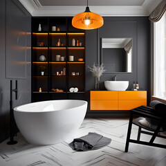 Modern bathroom interior with tub and  stand sink, mirror, bath accessories. 3d rendering.