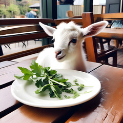 A baby goat nibbling on a leaf while sitting at a tiny table, imitating the casual dining experience of humans enjoying a snack. Generative AI.