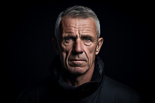 Portrait of a senior man in a black jacket on a dark background.