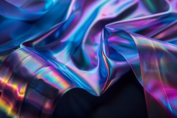 An abstract satin fabric with iridescent colors, conveying luxury and elegance through its smooth textures and gentle folds.

