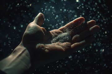 A mystical image of a hand dispersing a cloud of glittering dust in the dark, conjuring a sense of magic and fantasy.

