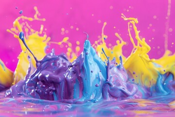 Vibrant paint splashes in blue, yellow, and purple hues captured in mid-air against a pink background, perfect for dynamic and creative designs.

