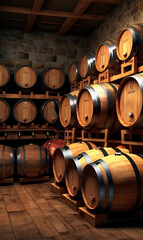 Basement room with many wooden barrels, wine cellar