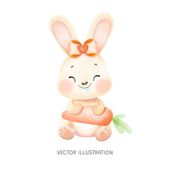 Baby Bunny with Carrot Watercolor Hand Draw 