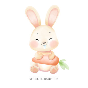 Bunny with Carrot Happy Face Watercolor Hand Draw 