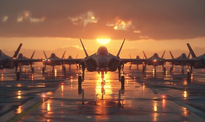 F-35 fighter planes lined up at a military airport - obrazy, fototapety, plakaty