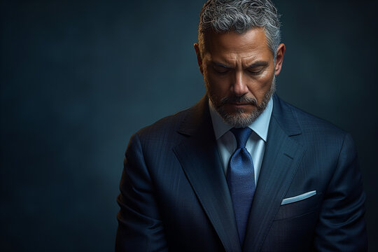 Sad businessman, defeated and crestfallen in elegant blue-toned suit, losing money and confidence - Powered by Adobe