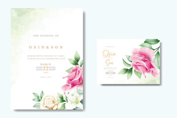 wedding invitation card with floral roses watercolor