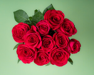 Bouquet of Red Roses on a Green Background