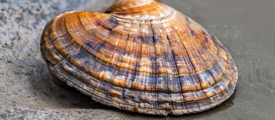 A close up of a shell from a Mussel, a tasty Mediterranean mollusk commonly used in dishes like Paella, resting on a sandy beach.