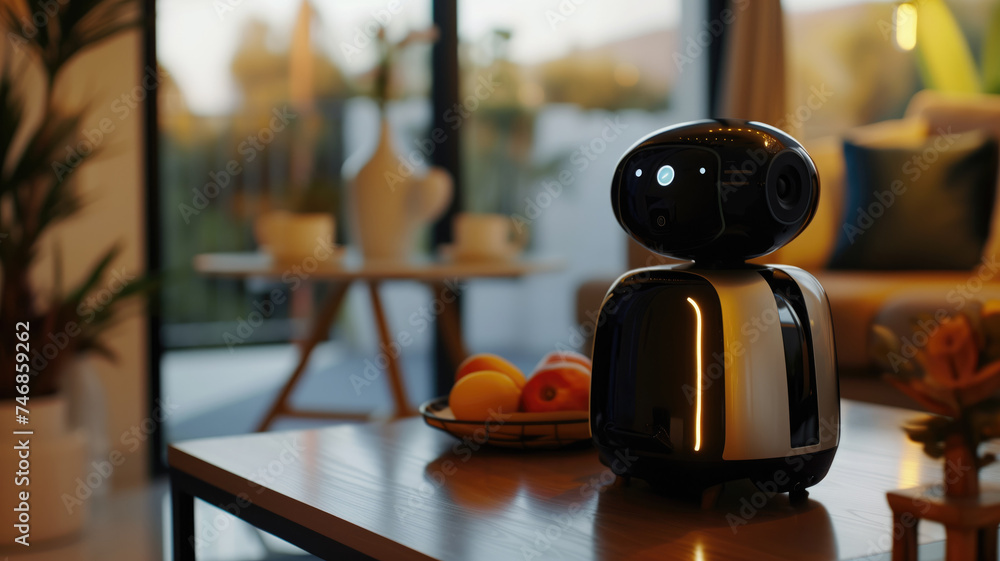 Poster sleek autonomous home robot with a friendly interface, ready to provide assistance in a cozy modern 
