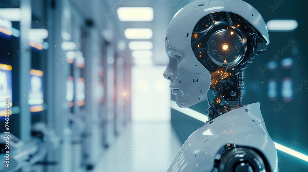 Poster a humanoid robot's head with intricate details in a data center