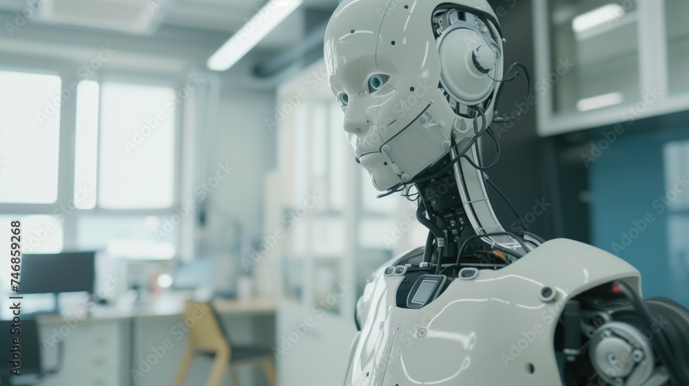 Poster a sophisticated ai robot in a research lab environment