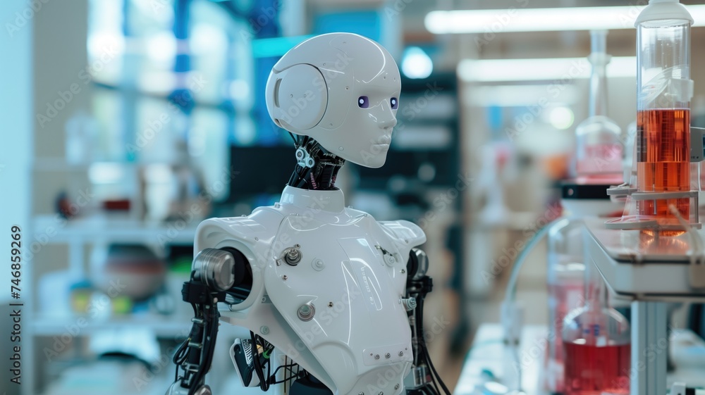 Poster a sophisticated humanoid robot equipped with sensors in a high-tech laboratory