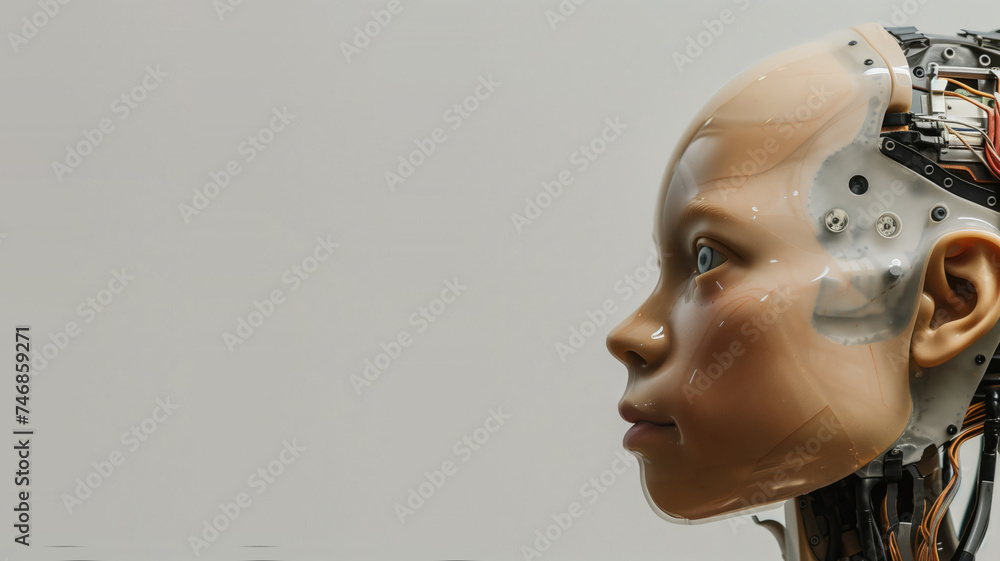 Poster a close-up of an android head with childlike features and an open skull, revealing technology